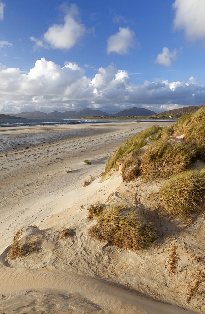 A beautiful but windy late summer evening at Seilebost beach, Isle of Harris, Outer Hebrides, Scotland, United Kingdom, Europe