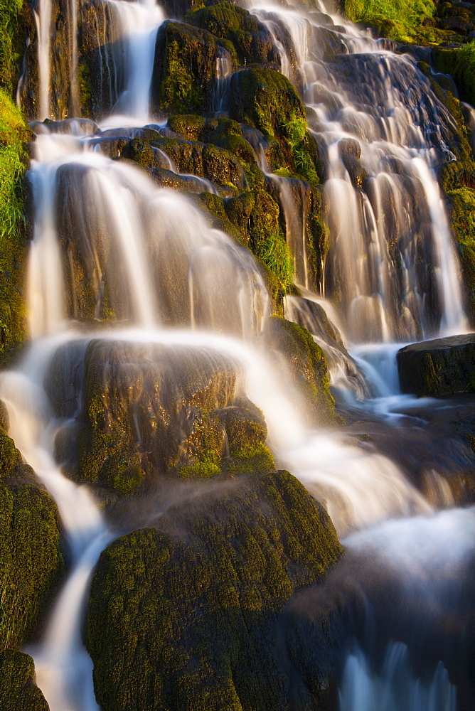 Beautiful early light on Bridal Veil Falls, Trotternish, Isle of Skye, Scotland, United Kingdom, Europe