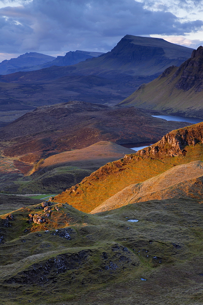 Dramatic early light on the Trotternish ridge as viewed from the Quiraing, Trotternish, Isle of Skye, Scotland, United Kingdom, Europe