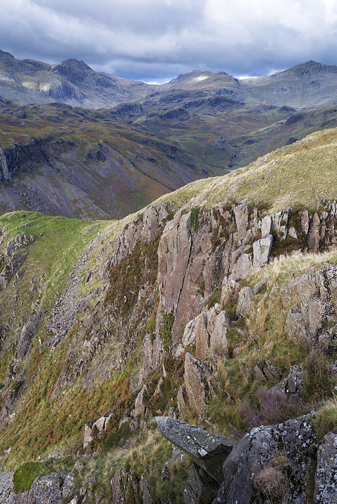 Dramatic light in this view from Yew Crags into Eskdale, Lake District National Park, Cumbria, England, United Kingdom, Europe