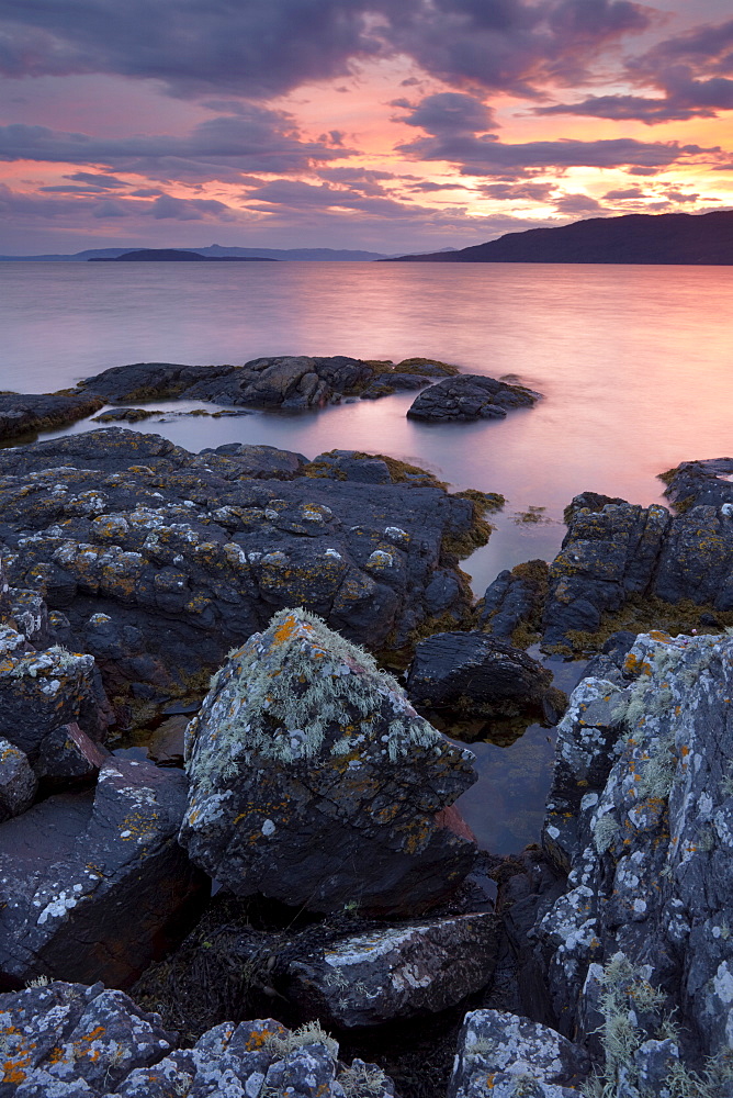 Sunset at Drumbuie on the West Coast of Scotland near the Kyle of Lochalsh looking across towards the Isle of Skye, Scotland, United Kingdom, Europe