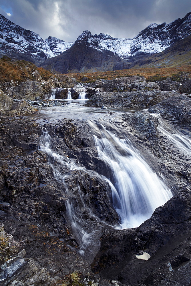 The Cuillin mountains pictured from beside the Allt Coir a Mhadhaidh on the Fairy Pools walk, Glen Brittle, Isle of Skye, Scotland, United Kingdom, Europe