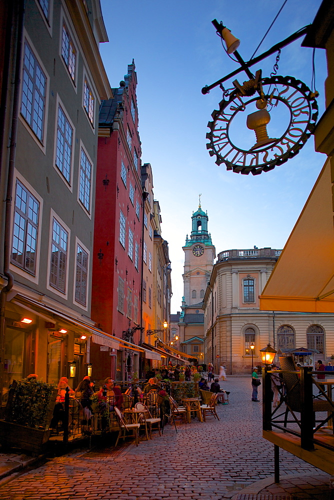 Stortorget Square cafes at dusk, Gamla Stan, Stockholm, Sweden, Scandinavia, Europe