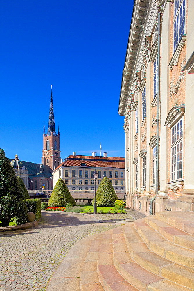 Riddarholmen with spire of Riddarholmskyrkan (Riddarholmen Church) in the background, Stockholm, Sweden, Scandinavia, Europe