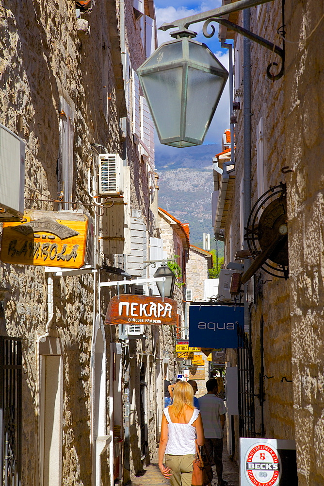 Narrow street, Old Town, Budva, Montenegro, Europe