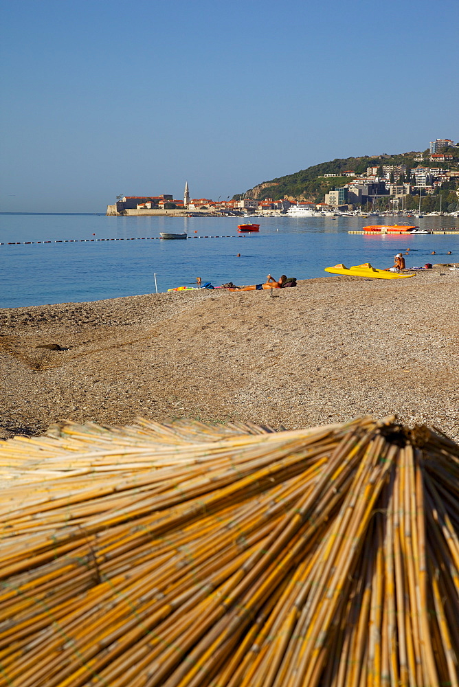 View of Budva Old Town and Beach, Budva Bay, Montenegro, Europe