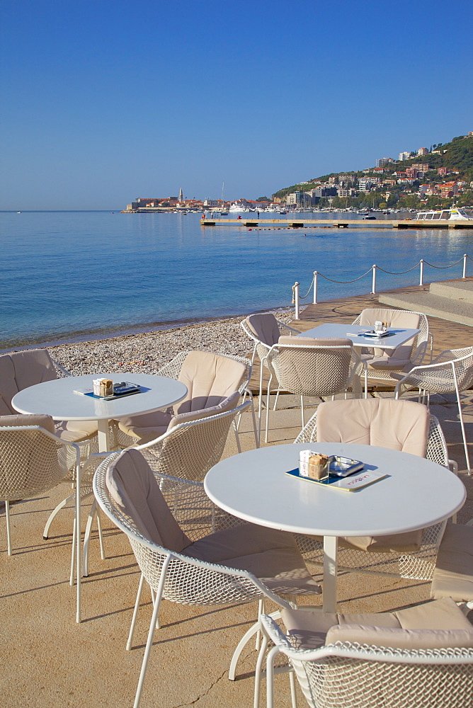 View of Budva Old Town and cafe, Budva Bay, Montenegro, Europe