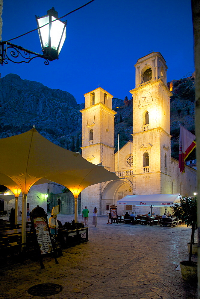 St. Tryphon Cathedral at night, Old Town, UNESCO World Heritage Site, Kotor, Montenegro, Europe