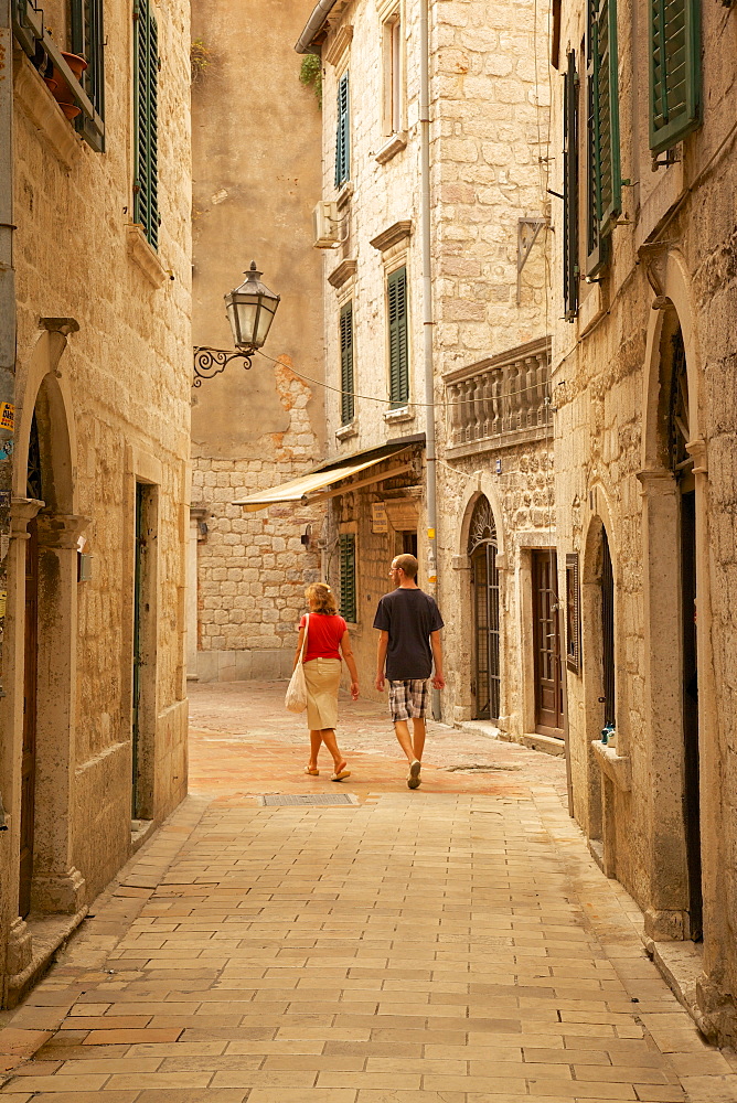 Narrow street, Old Town, Kotor, UNESCO World Heritage Site, Montenegro, Europe