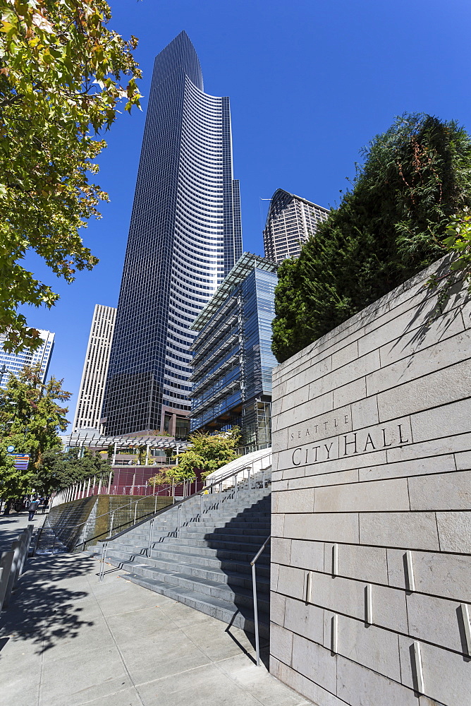 Architecture of steel and glass in the Columbia Tower and Seattle City Hall sign on 4th Avenue, Downtown, Seattle, Washington State, United States of America, North America