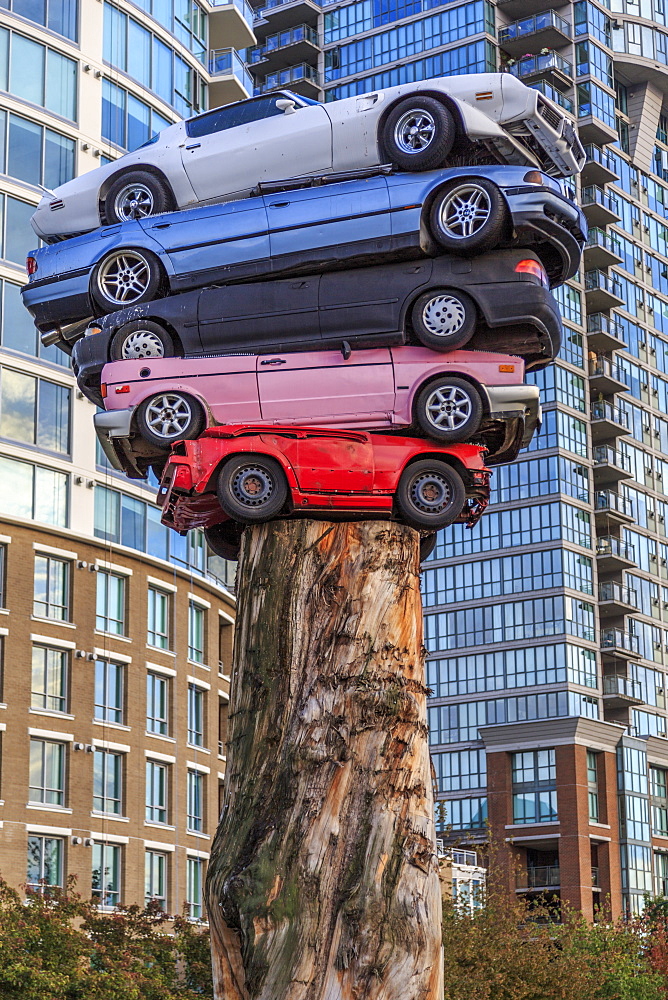 Cars stacked as modern art exhibit, Vancouver, British Columbia, Canada, North America