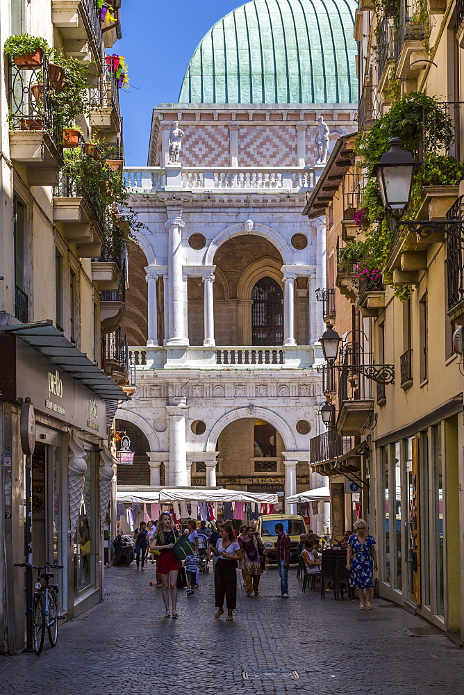 Palladian Basilica viewed from narrow street, Vicenza, Veneto, Italy, Europe