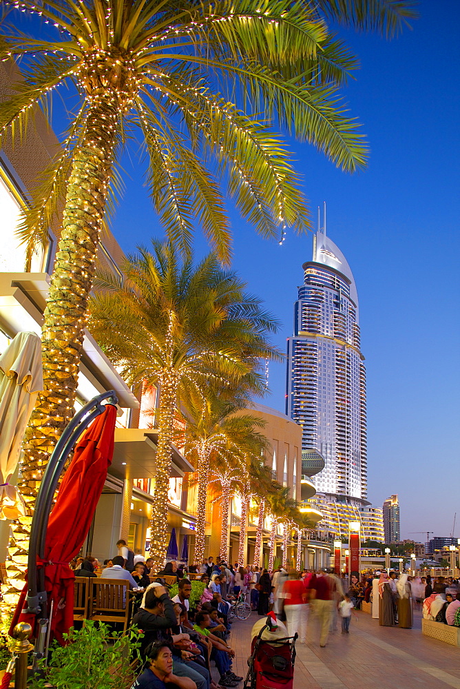 The Address Hotel and Dubai Mall at dusk, Dubai, United Arab Emirates, Middle East