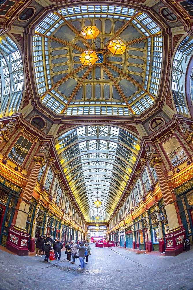 Fisheye view of interior of Leadenhall Market, The City, London, England, United Kingdom, Europe