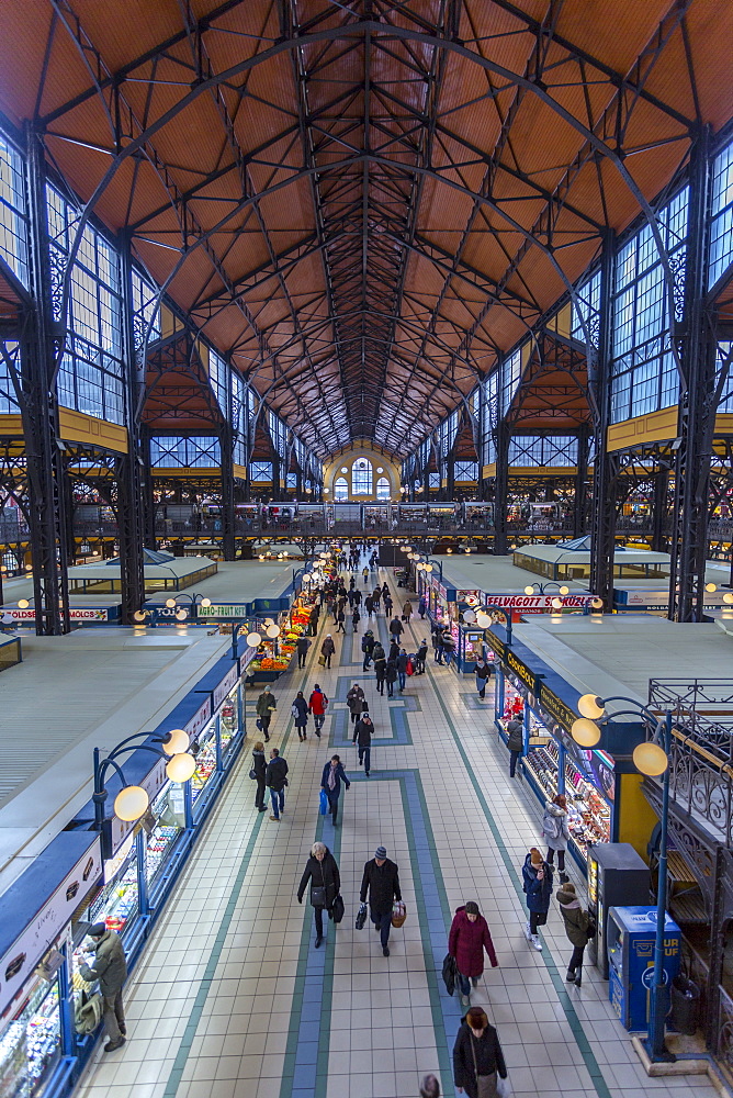 Elevated view of stalls in the interior of Budapest Central Market, Budapest, Hungary, Europe