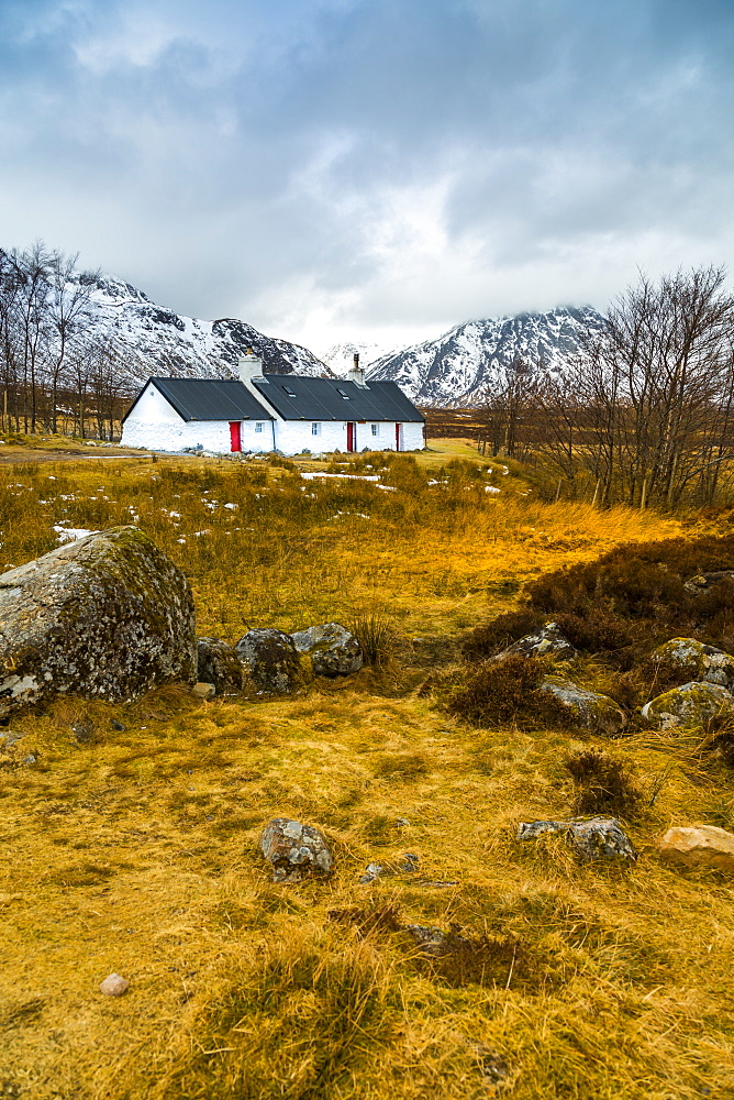 Winter storm and Blackrock Cottage, Glencoe, Highland Region, Scotland, United Kingdom, Europe