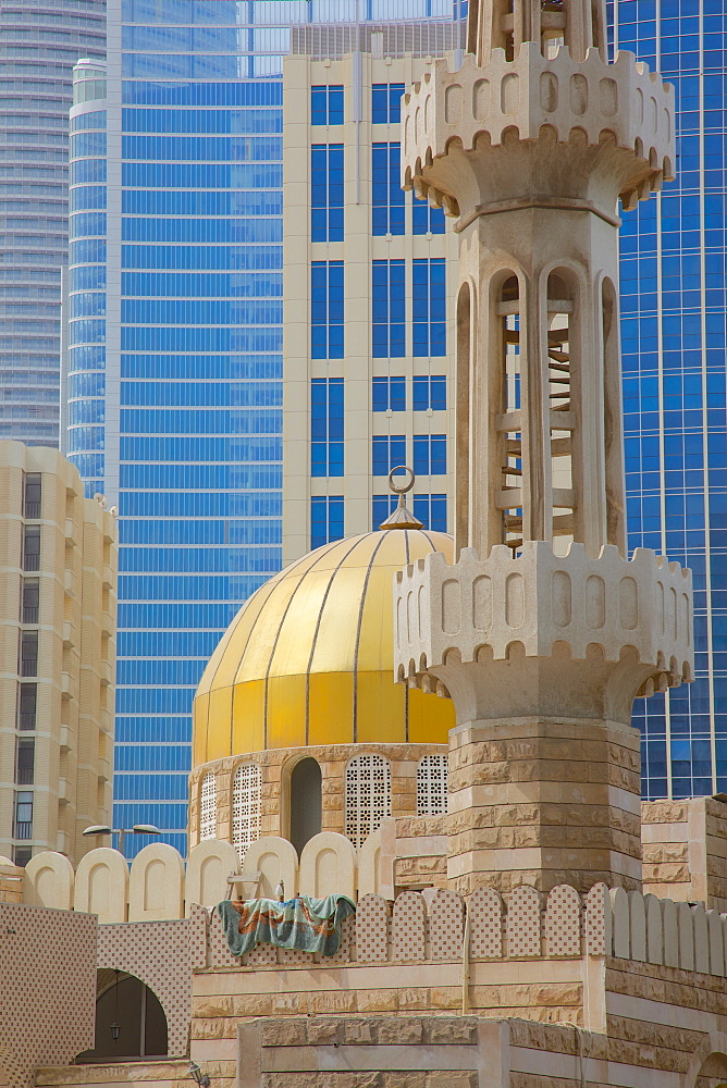 Mosque and contemporary architecture, Abu Dhabi, United Arab Emirates, Middle East