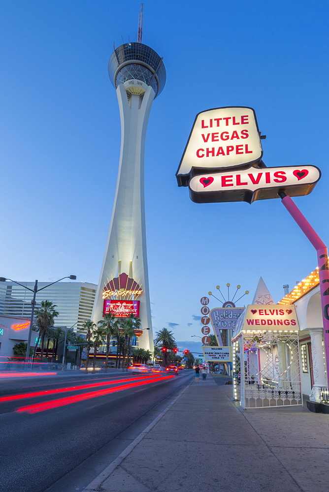 View of Little Vegas Chapel and Stratosphere Tower at dusk, The Strip, Las Vegas Boulevard, Las Vegas, Nevada, United States of America, North America