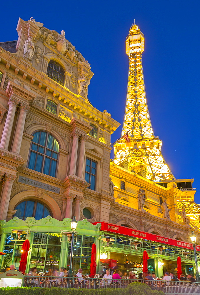 View of Eiffel Tower of the Paris Hotel and Casino on The Strip, Las Vegas Boulevard, Las Vegas, Nevada, United States of America, North America