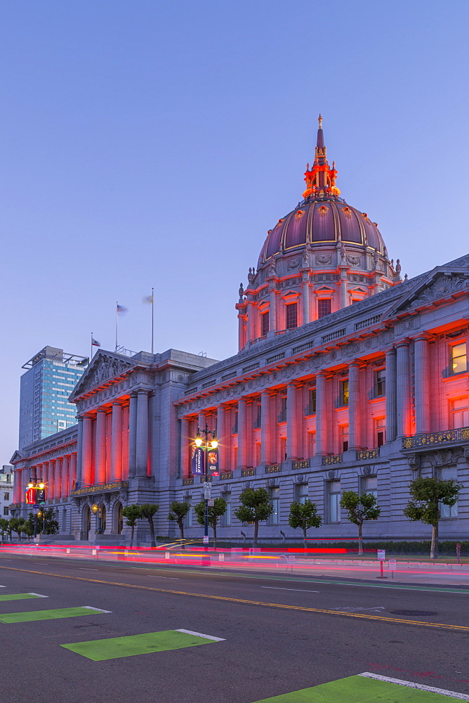 View of San Francisco City Hall illuminated at dusk, San Francisco, California, United States of America, North America