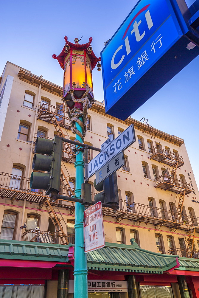 View of ornate lamp post in Chinatown, San Francisco, California, United States of America, North America