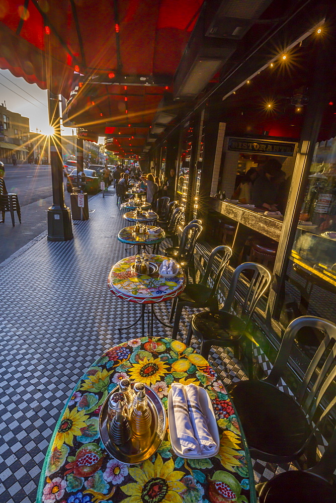 View of restaurant tables on Columbus Avenue, North Beach, San Francisco, California, United States of America, North America