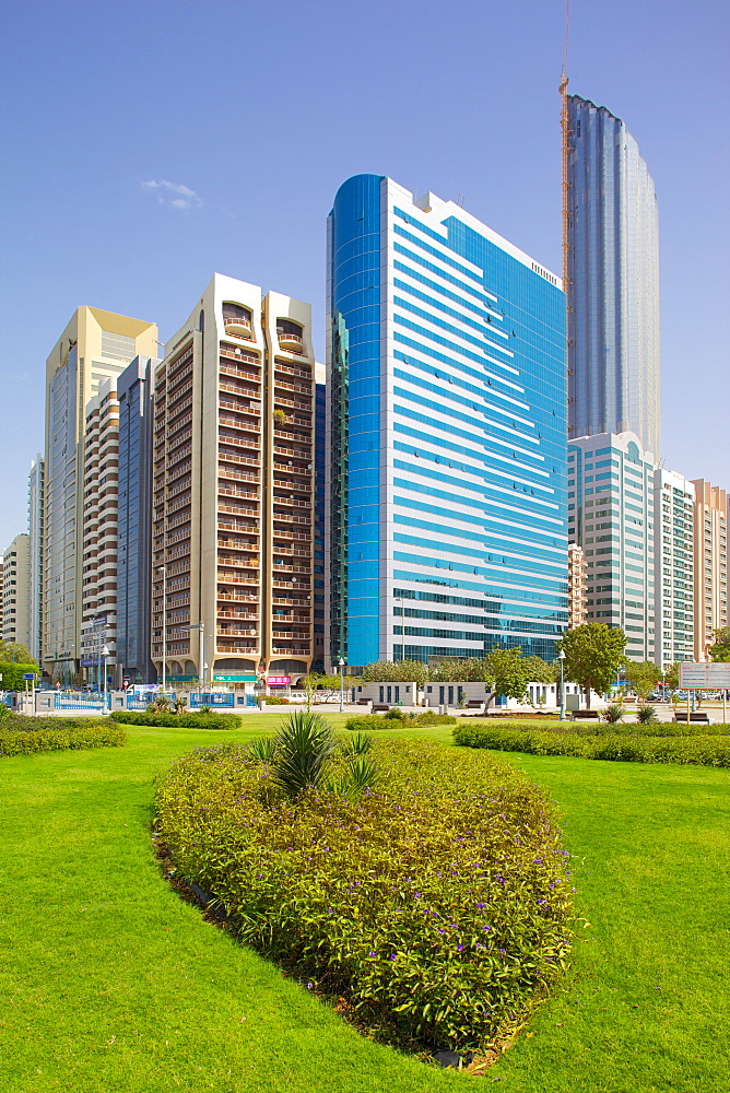 Contemporary architecture along the Corniche, Abu Dhabi, United Arab Emirates, Middle East