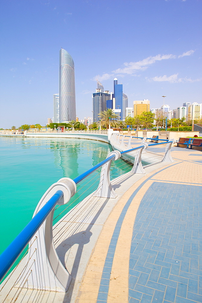 Contemporary architecture along the Corniche, Abu Dhabi, United Arab Emirates, Middle East