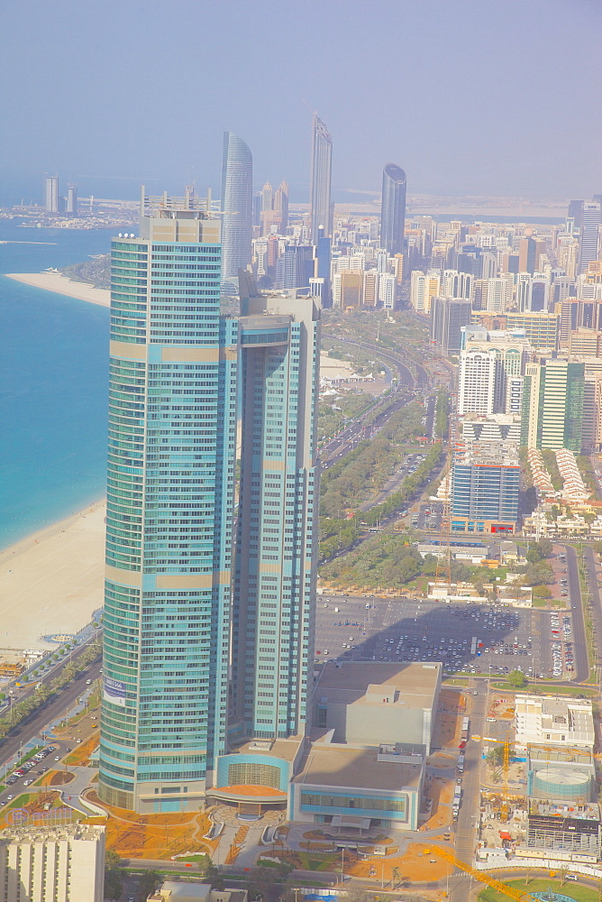 View of city and the Corniche Beach from Emirate Towers, Abu Dhabi, United Arab Emirates, Middle East