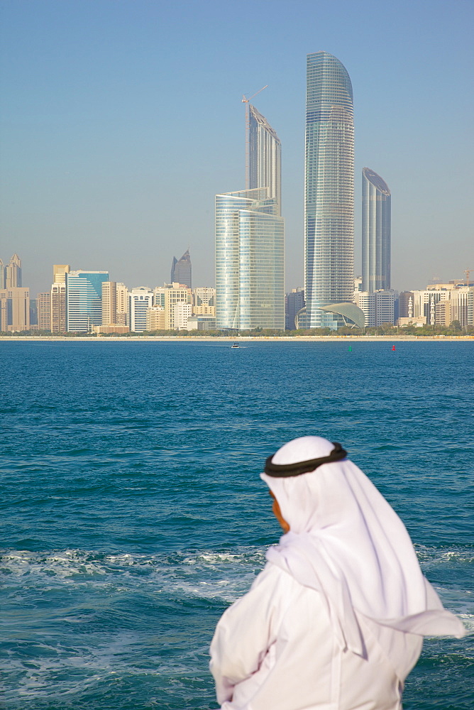 View of city from Marina and local resident, Abu Dhabi, United Arab Emirates, Middle East