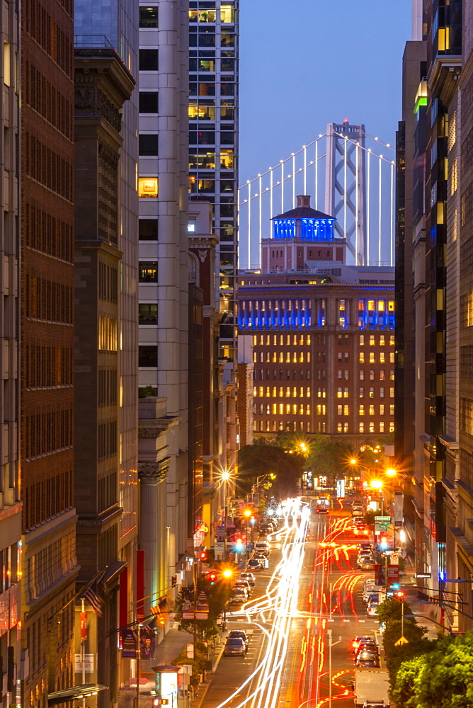 View of California Street and Oakland Bay Bridge at dusk, San Francisco, California, United States of America, North America