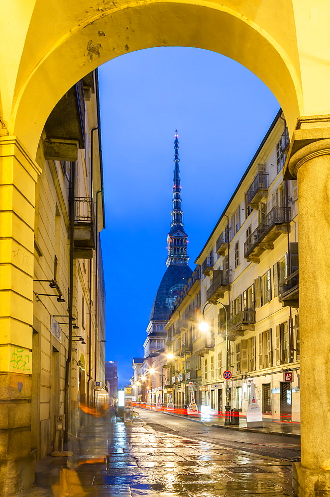 View of Mole Antonelliana at dusk, Turin, Piedmont, Italy, Europe