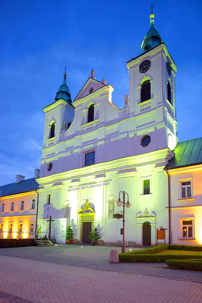 Old Convent of Piarist Friars and St. Cross Church at dusk, Rzeszow, Poland, Europe