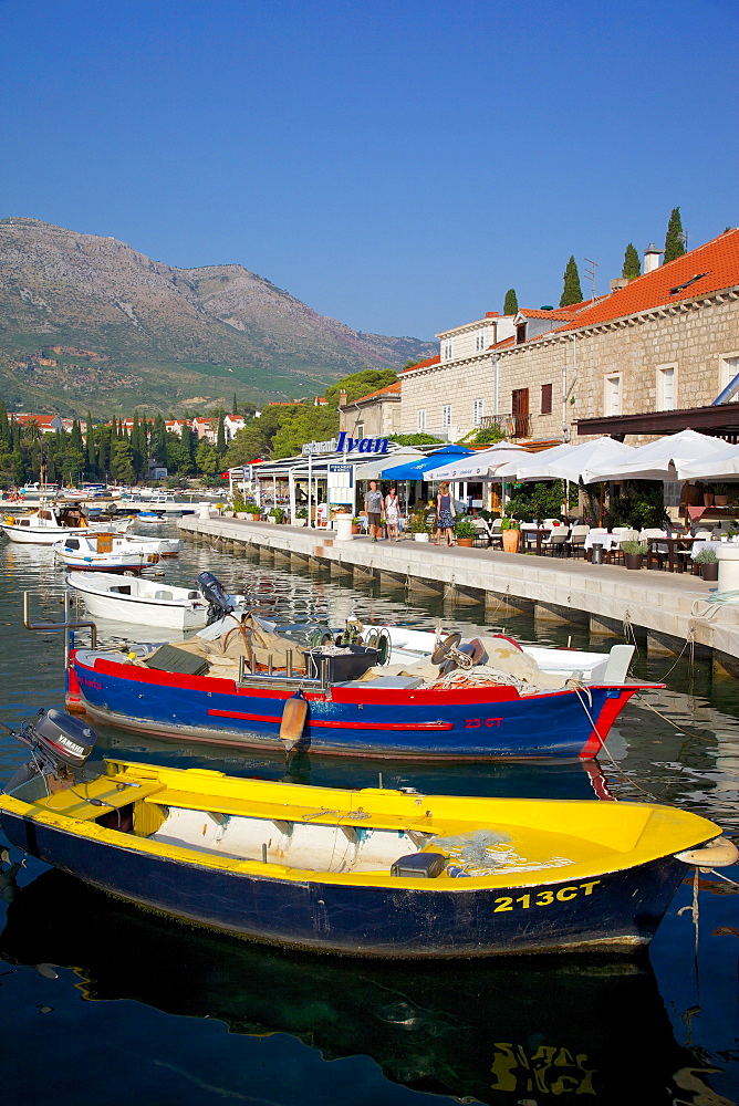 Restaurants along the harbour, Cavtat, Dubrovnik Riviera, Dalmatian Coast, Dalmatia, Croatia, Europe