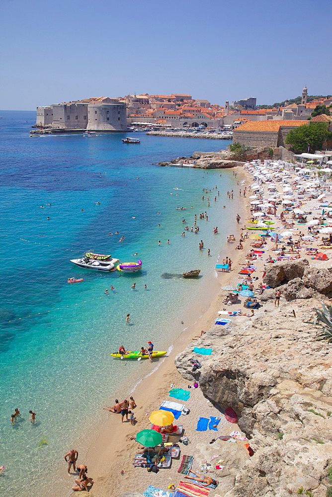 View of Old Town, UNESCO World Heritage Site, and Ploce Beach, Dubrovnik, Dalmatian Coast, Croatia, Europe