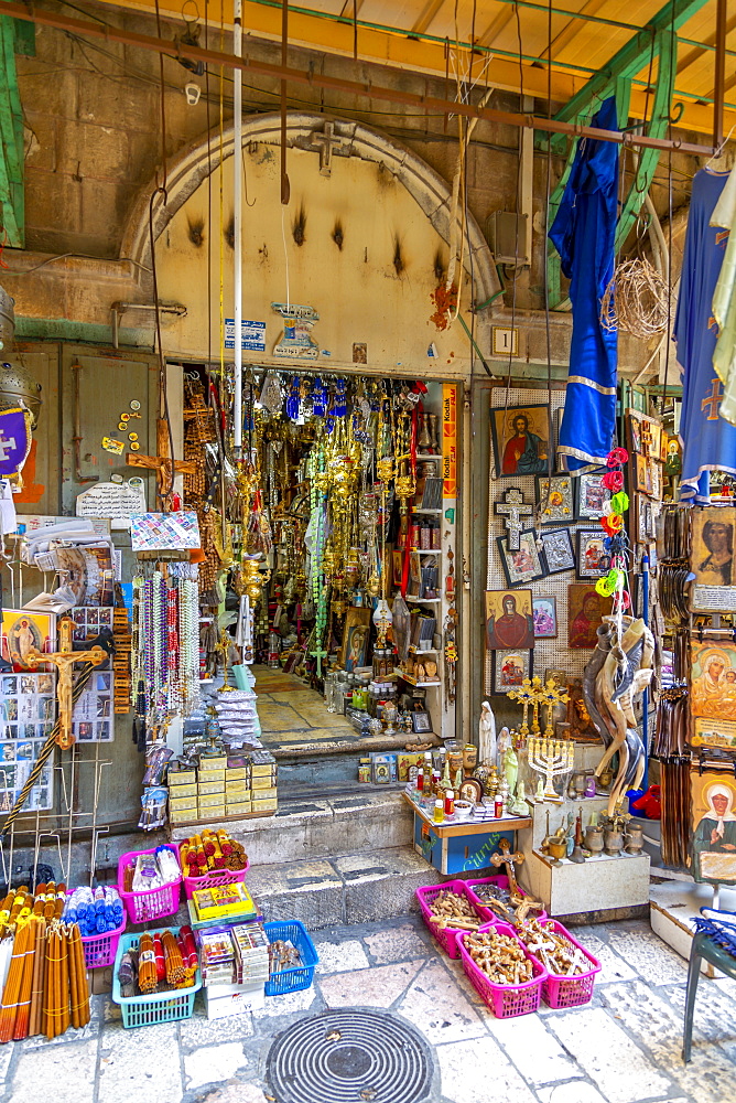 View of shop near Church of the Holy Sepulchre in Old City, Old City, UNESCO World Heritage Site, Jerusalem, Israel, Middle East