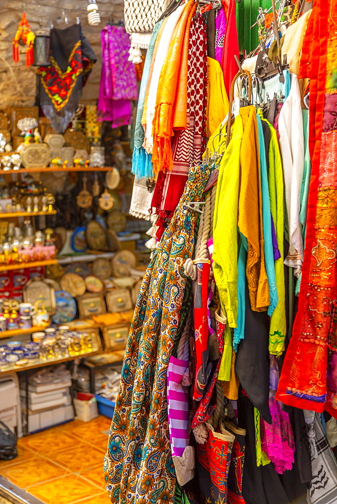 Colourful garments, Souk Khan al-Zeit Street in Old City, Old City, UNESCO World Heritage Site, Jerusalem, Israel, Middle East