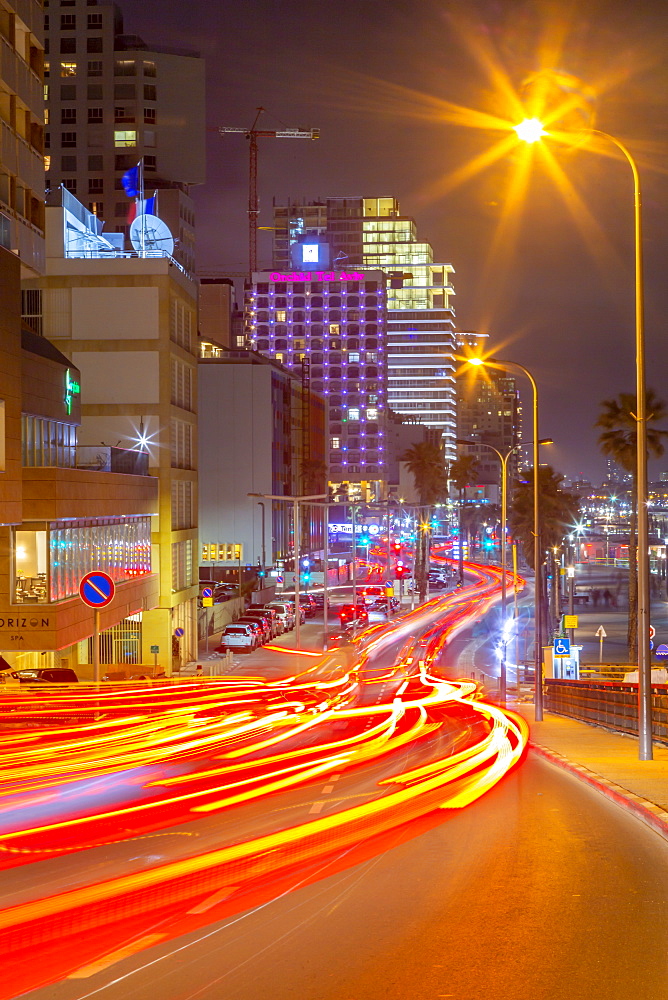 View of traffic and hotels on Hayarkon Street at night, Tel Aviv, Israel, Middle East