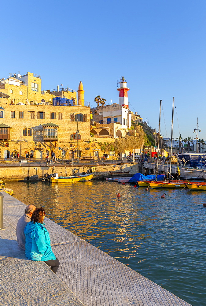 View of Jaffa Old Town harbour at sunset, Tel Aviv, Israel, Middle East