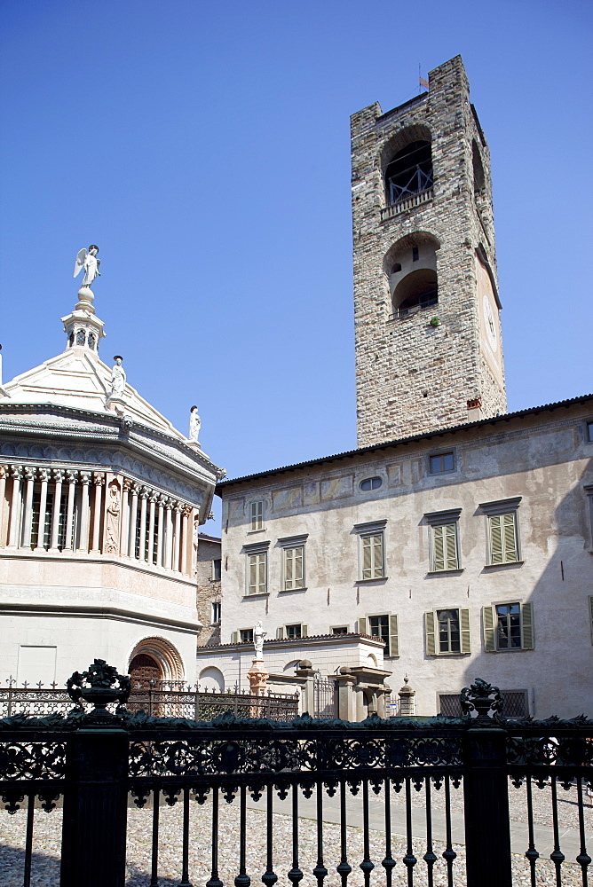 Baptistery and Big Bell Civic Tower, Piazza Vecchia, Bergamo, Lombardy, Italy, Europe