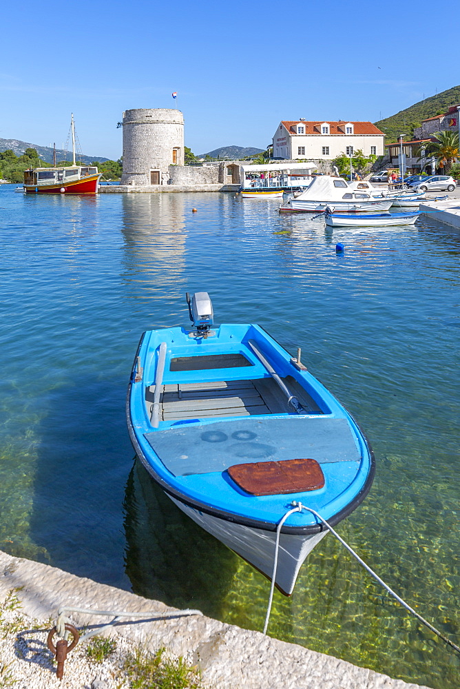 View of small harbour boats and restaurants in Mali Ston, Dubrovnik Riviera, Croatia, Europe