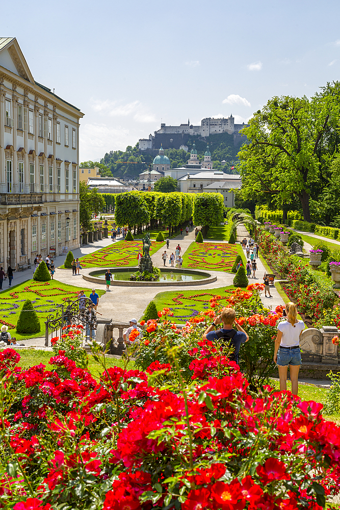 View of Hohensalzburg Castle from Mirabell Gardens, UNESCO World Heritage Site, Salzburg, Austria, Europe