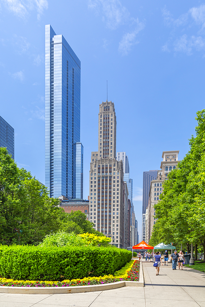 View of skyscrapers from Millennium Park, Downtown Chicago, Illinois, United States of America, North America