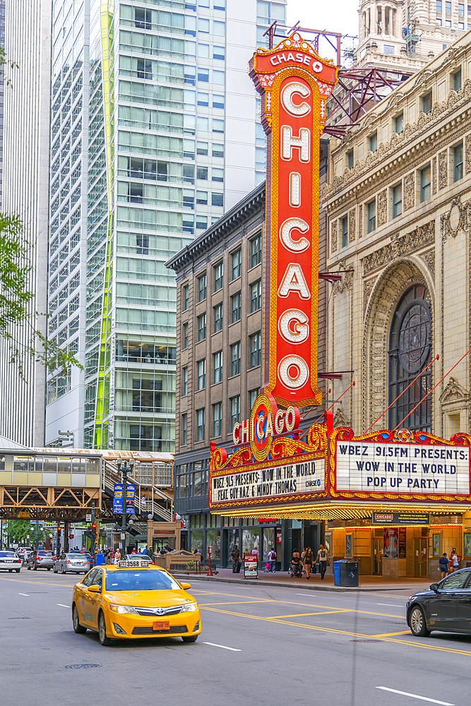 View of The Chicago Theatre and traffic on North State Street, Chicago, Illinois, United States of America, North America