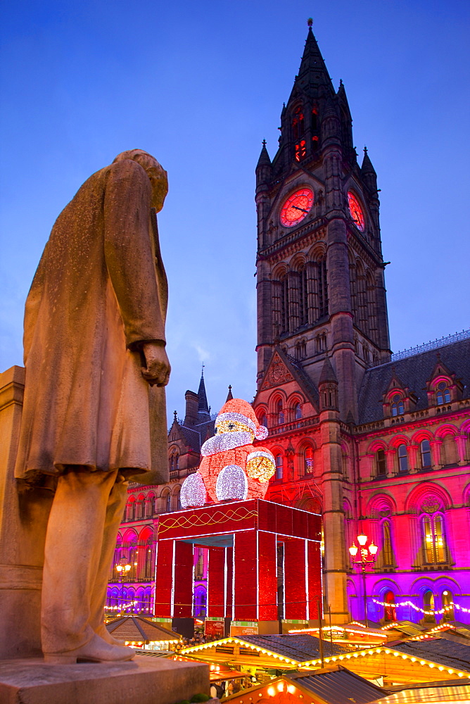 Christmas Market and Town Hall, Albert Square, Manchester, England, United Kingdom, Europe