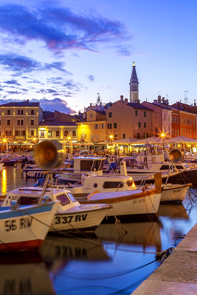 View of harbour and the old town with the Cathedral of St. Euphemia at dusk, Rovinj, Istria, Croatia, Adriatic, Europe