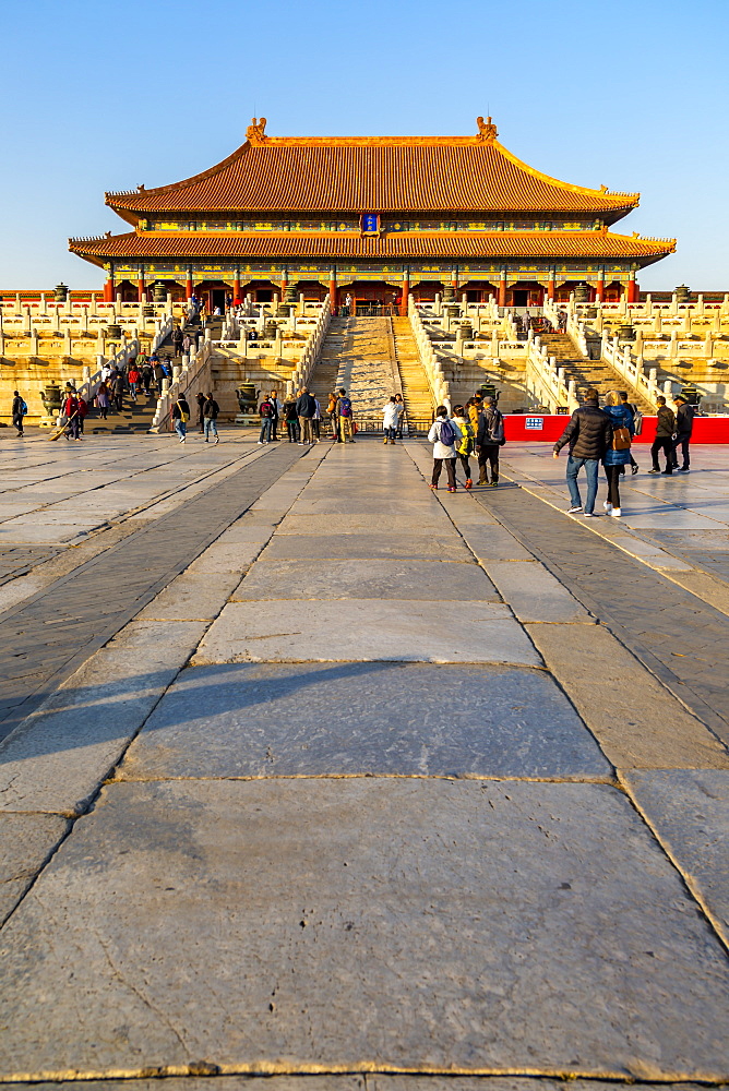 View inside the Forbidden City at sunset, UNESCO World Heritage Site, Xicheng, Beijing, People's Republic of China, Asia