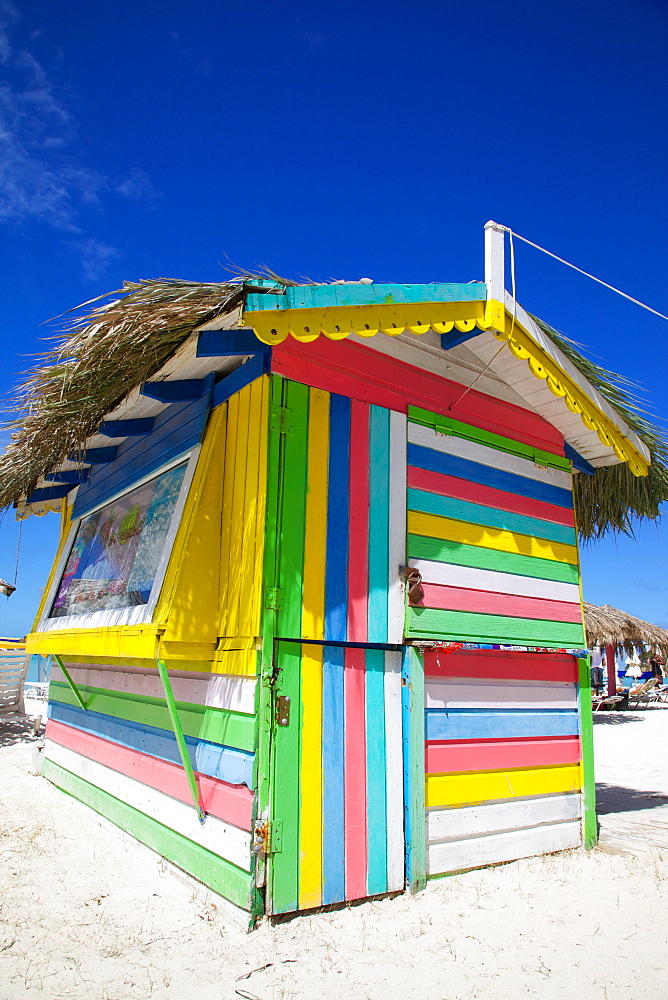 Beach and colourful beach hut, Dickenson Bay, St. Georges, Antigua, Leeward Islands, West Indies, Caribbean, Central America