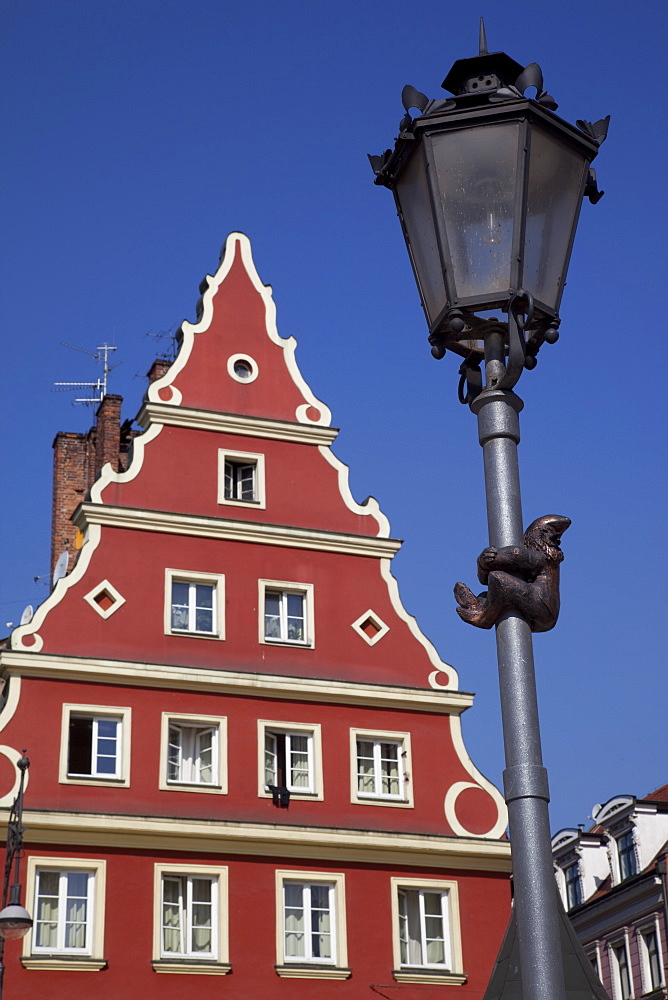 Lampost and colourful architecture, Salt Square, Old Town, Wroclaw, Silesia, Poland, Europe