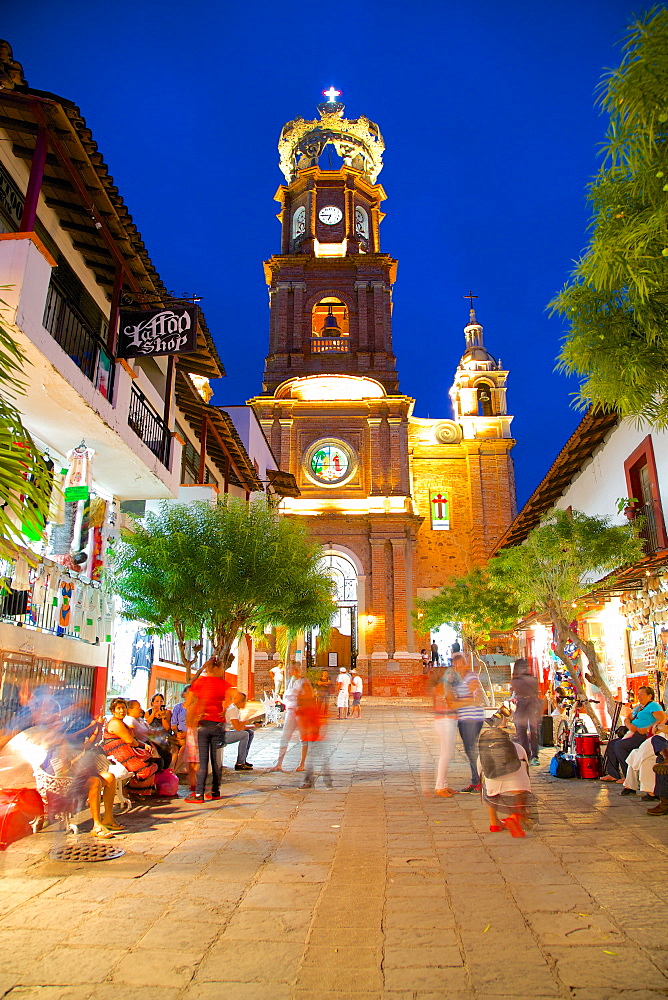 View of Parroquia de Guadalupe (Church of Our Lady of Guadalupe) at dusk, Downtown, Puerto Vallarta, Jalisco, Mexico, North America